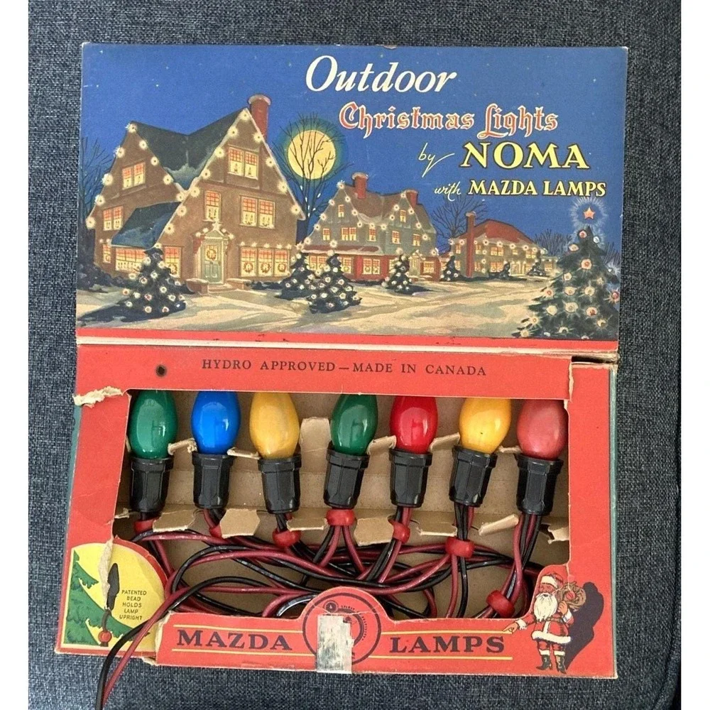 Vintage Noma 7 bulb Christmas outdoor light string red bead orig box 1940's
